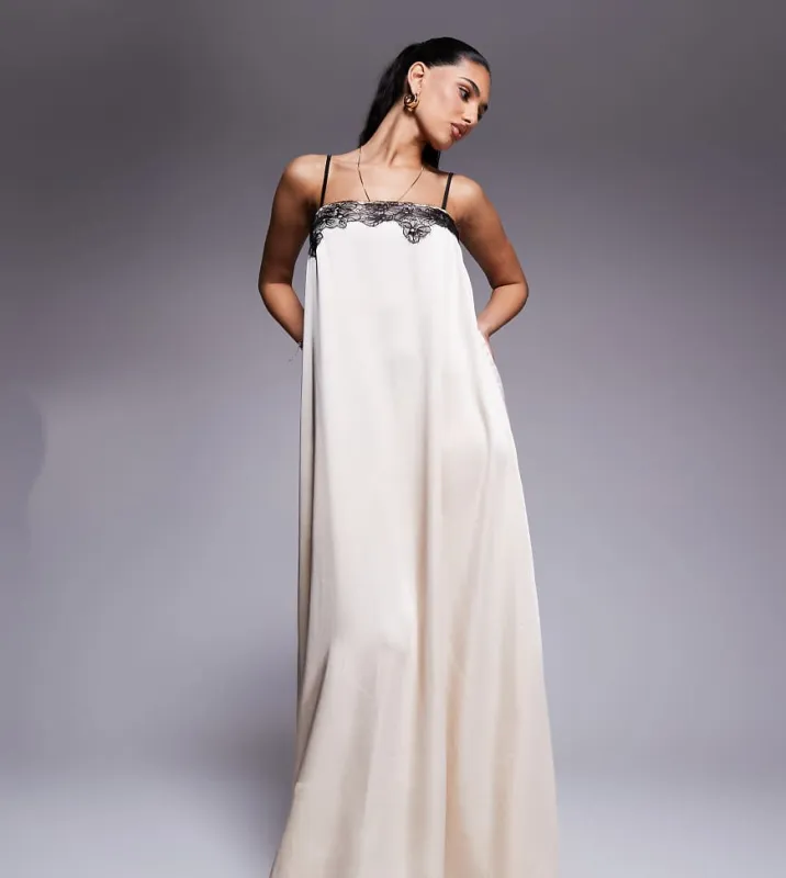 Kaiia exclusive square neck contrast lace detail cami trapeze satin maxi dress in cream-White sold by ASOS