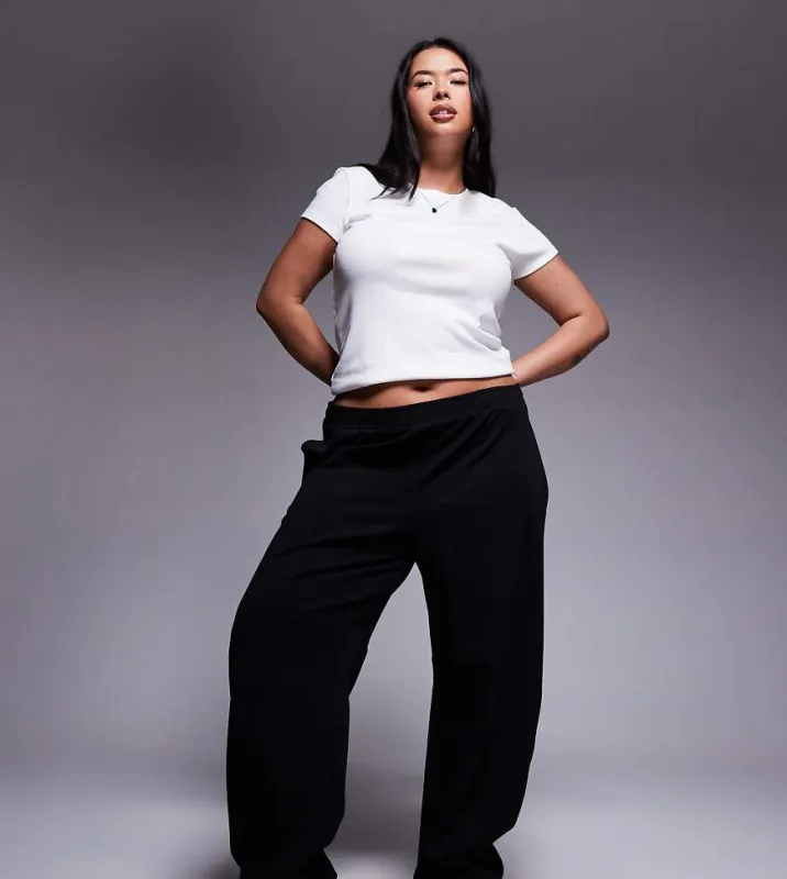 ASOS DESIGN Curve interlock barrel leg jogger in black sold by ASOS