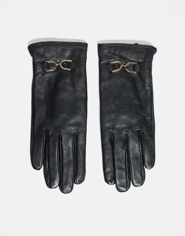 Barneys Originals Leather gloves with gold buckle detail in black sold by ASOS