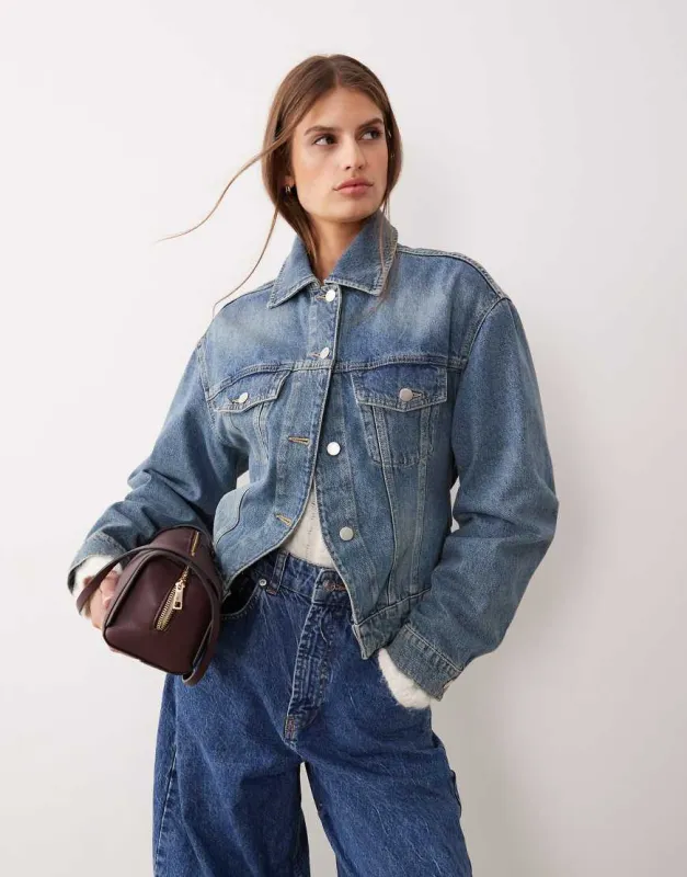 Mango cotton cocoon sleeve cinched waist denim jacket in medium blue sold by ASOS