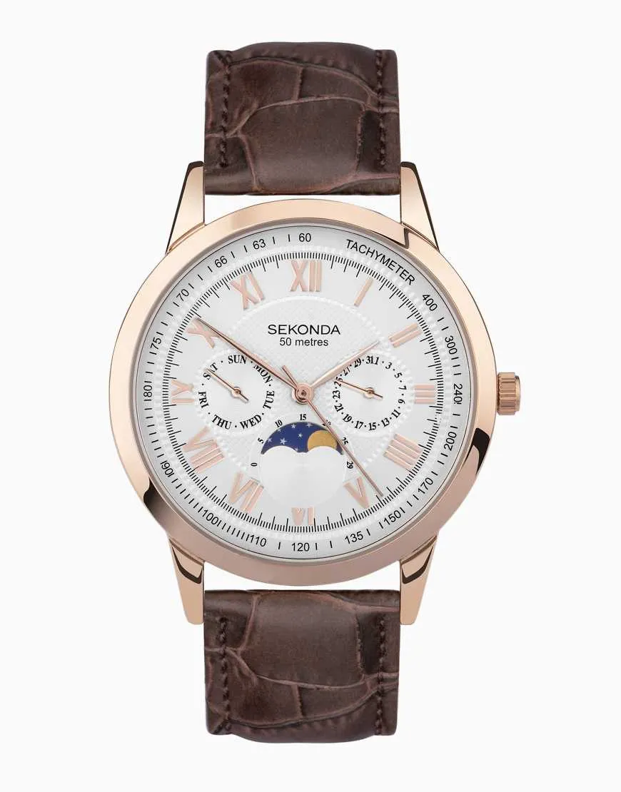 Sekonda Armstrong 40mm Moon Phase Mens Watch Rose Gold Alloy Case & Brown Leather Strap with Silver Dial sold by ASOS