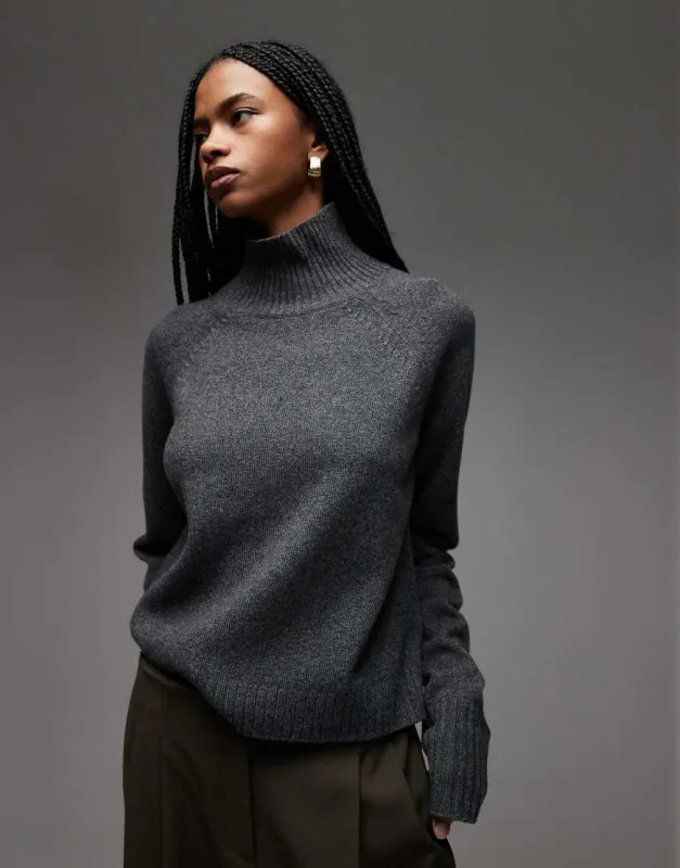 ARKET wool sweater with high neck and deep cuffs in dark grey sold by ASOS