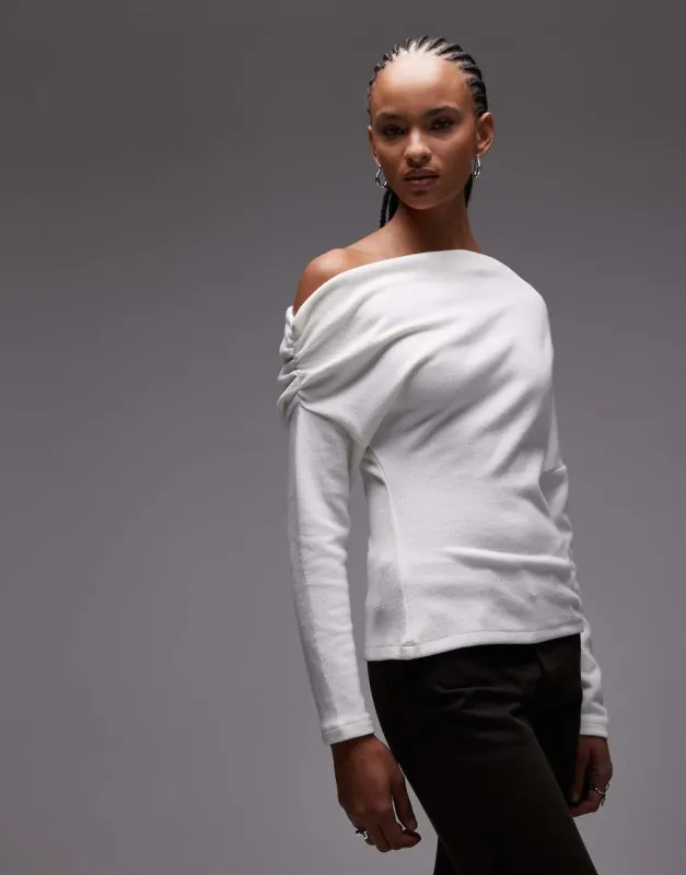 ASOS DESIGN supersoft ruched off shoulder long sleeve top in winter white made by ASOS