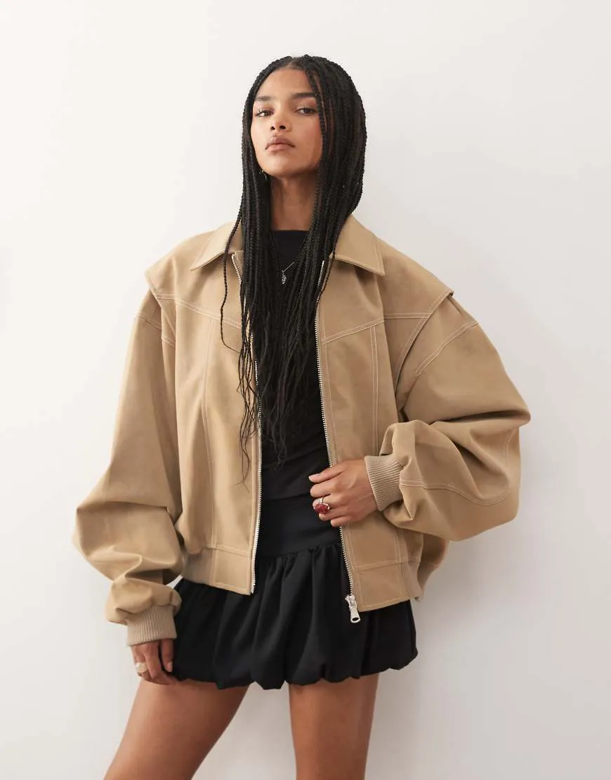 Lioness exclusive Vista leather look contrast stitch bomber jacket in latte-Brown sold by ASOS