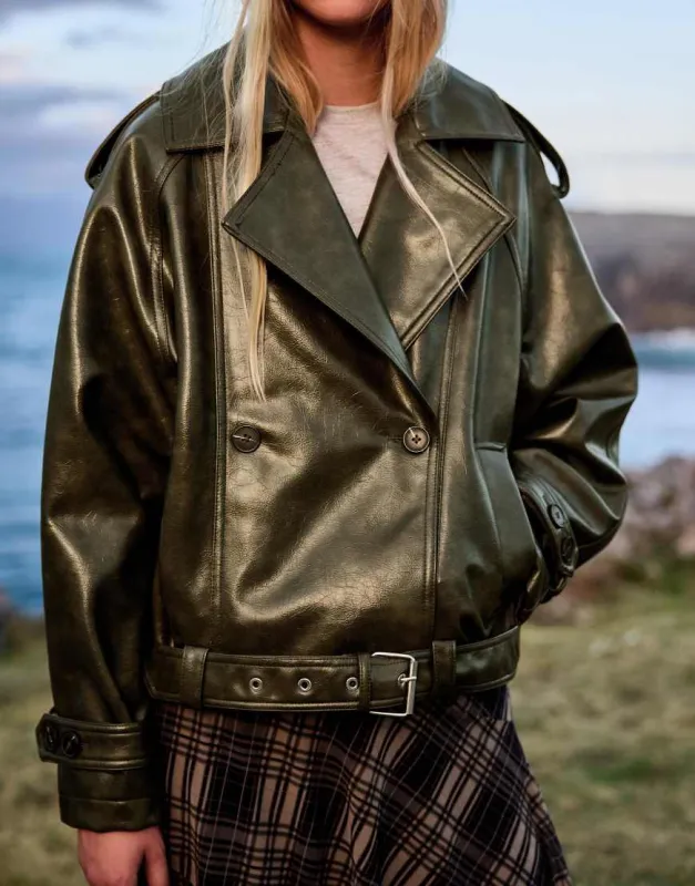 Bershka Short leather effect trench jacket in green made by ASOS
