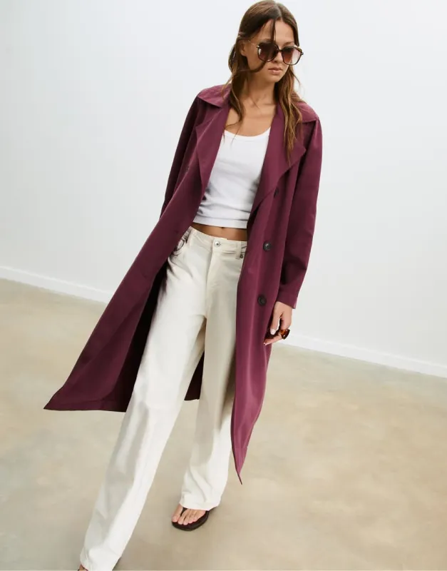 Stradivarius Long loose-fitting oversize trench coat in burgundy-Red sold by ASOS