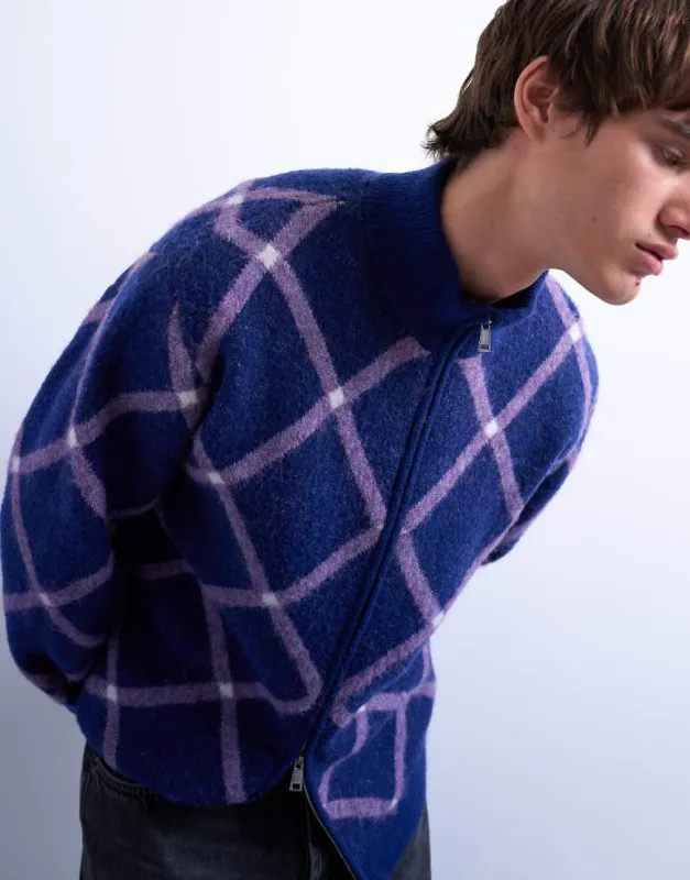 Topman regular fit zip through funnel neck argyle knitted cardigan in purple-Blue made by ASOS