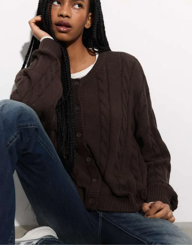 Stradivarius Buttoned cable-knit cardigan in brown made by ASOS