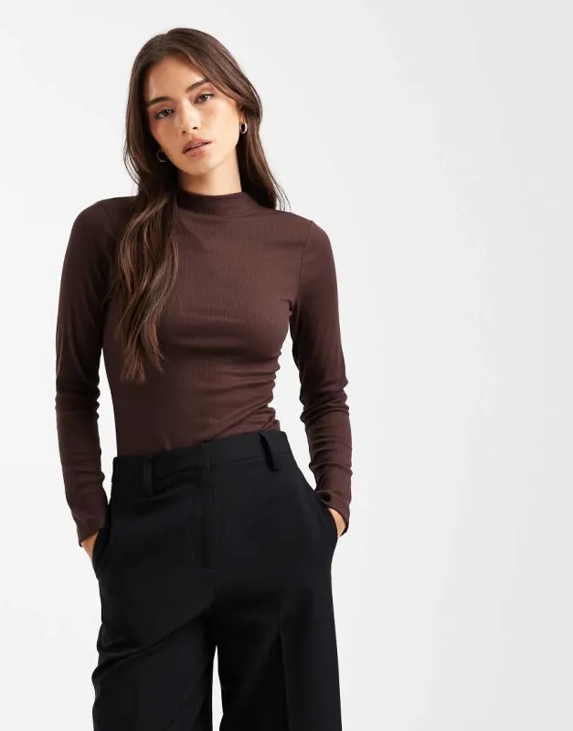 New Look ribbed stand neck long sleeve top in brown sold by ASOS