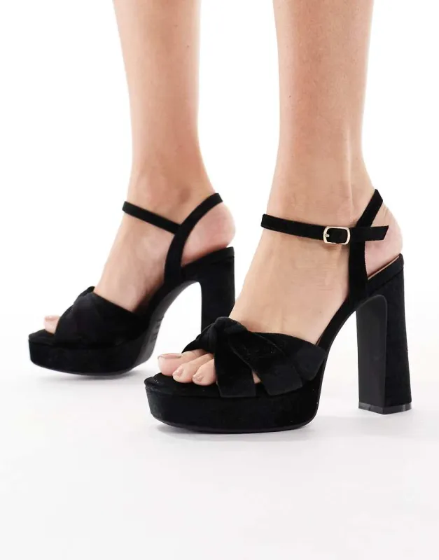 New Look gold buckle block heeled sandals in black made by ASOS