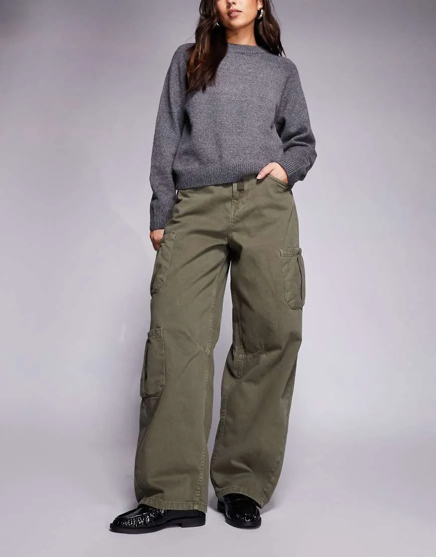 ASOS DESIGN cargo barrel jean with utility pockets in khaki-Green sold by ASOS