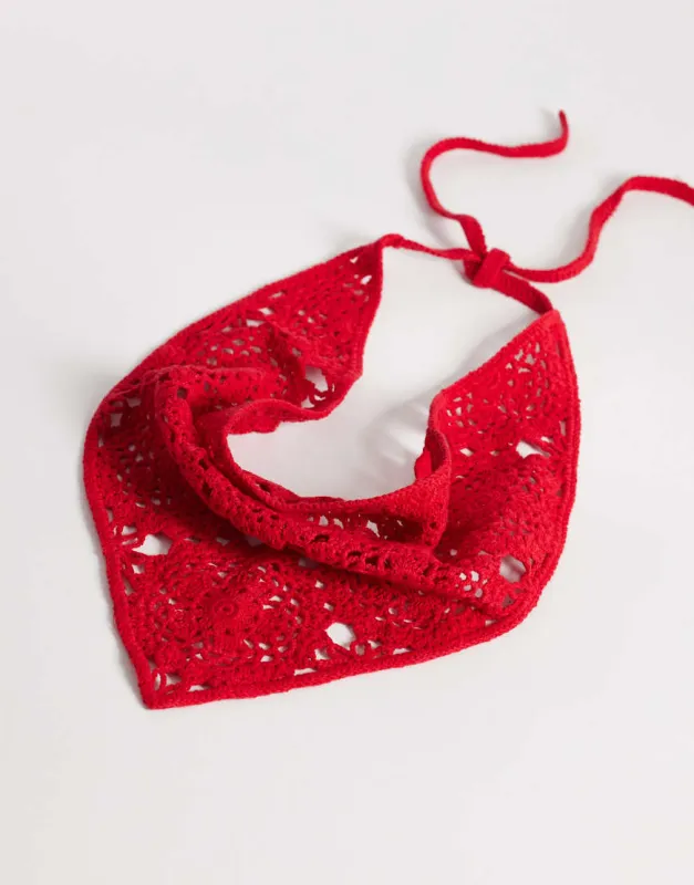 ASOS DESIGN crochet knit headscarf in red made by ASOS