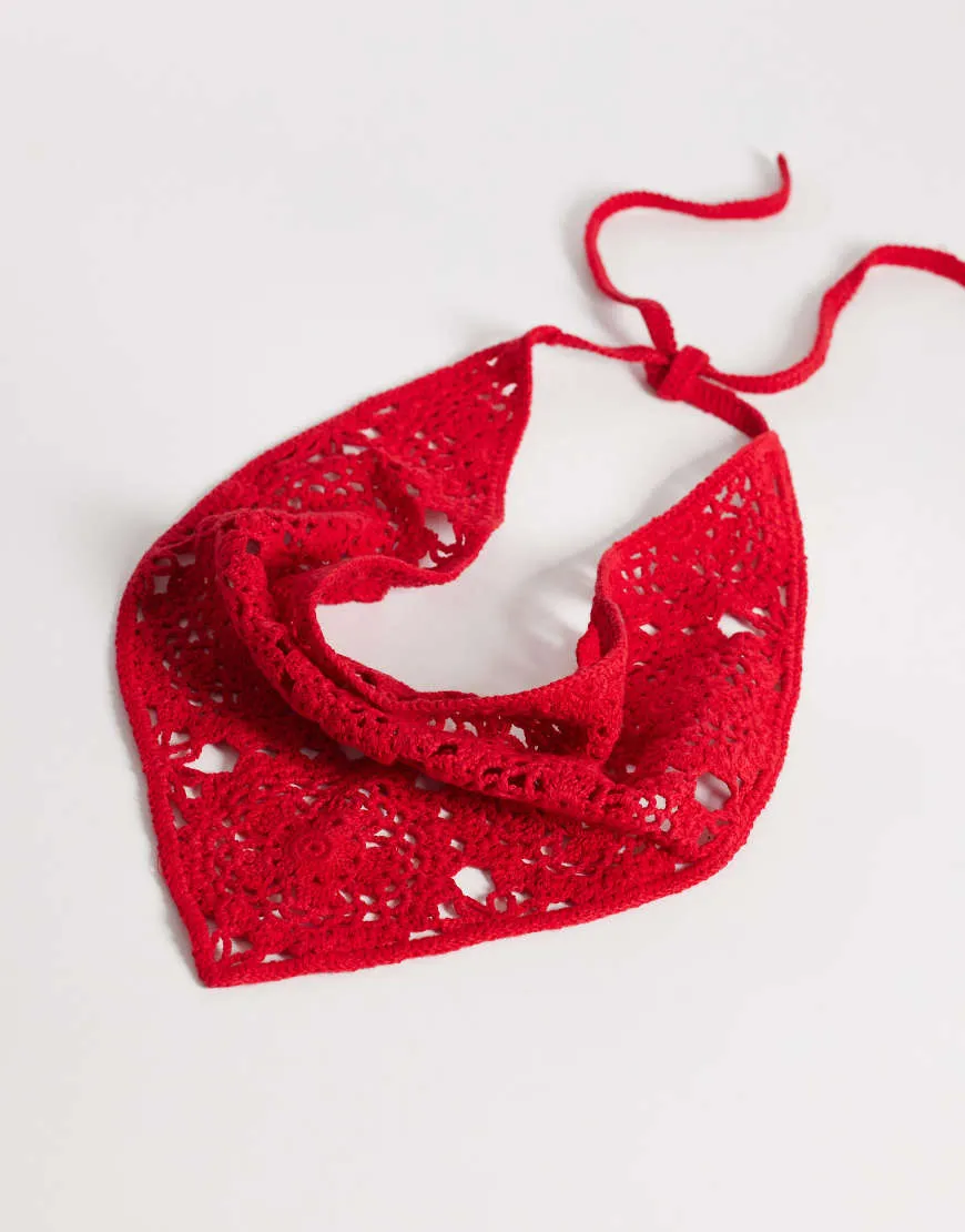ASOS DESIGN crochet knit headscarf in red sold by ASOS