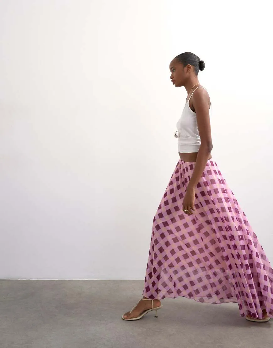 Topshop sheer full circle chiffon skirt in pink check sold by ASOS