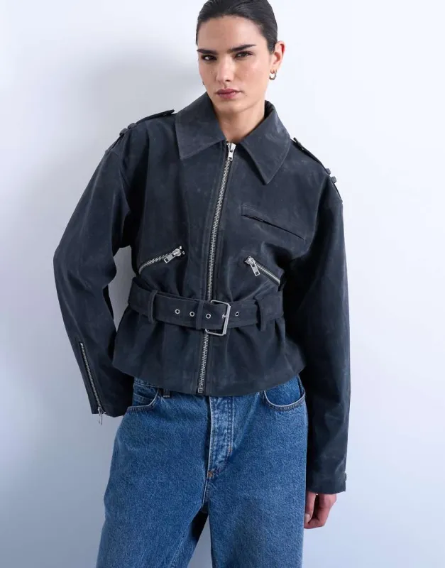 Topshop faux suede low belted biker jacket in charcoal-Grey sold by ASOS