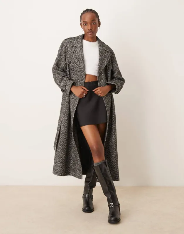 Miss Selfridge herringbone belted trench coat in mono-Multi made by ASOS