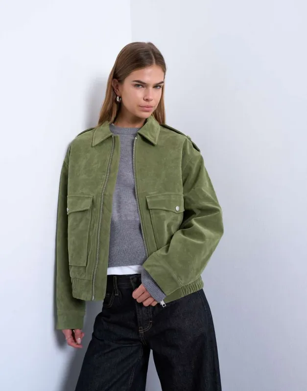 Topshop faux suede quilted lined bomber jacket with popper details in sage green-Brown made by ASOS