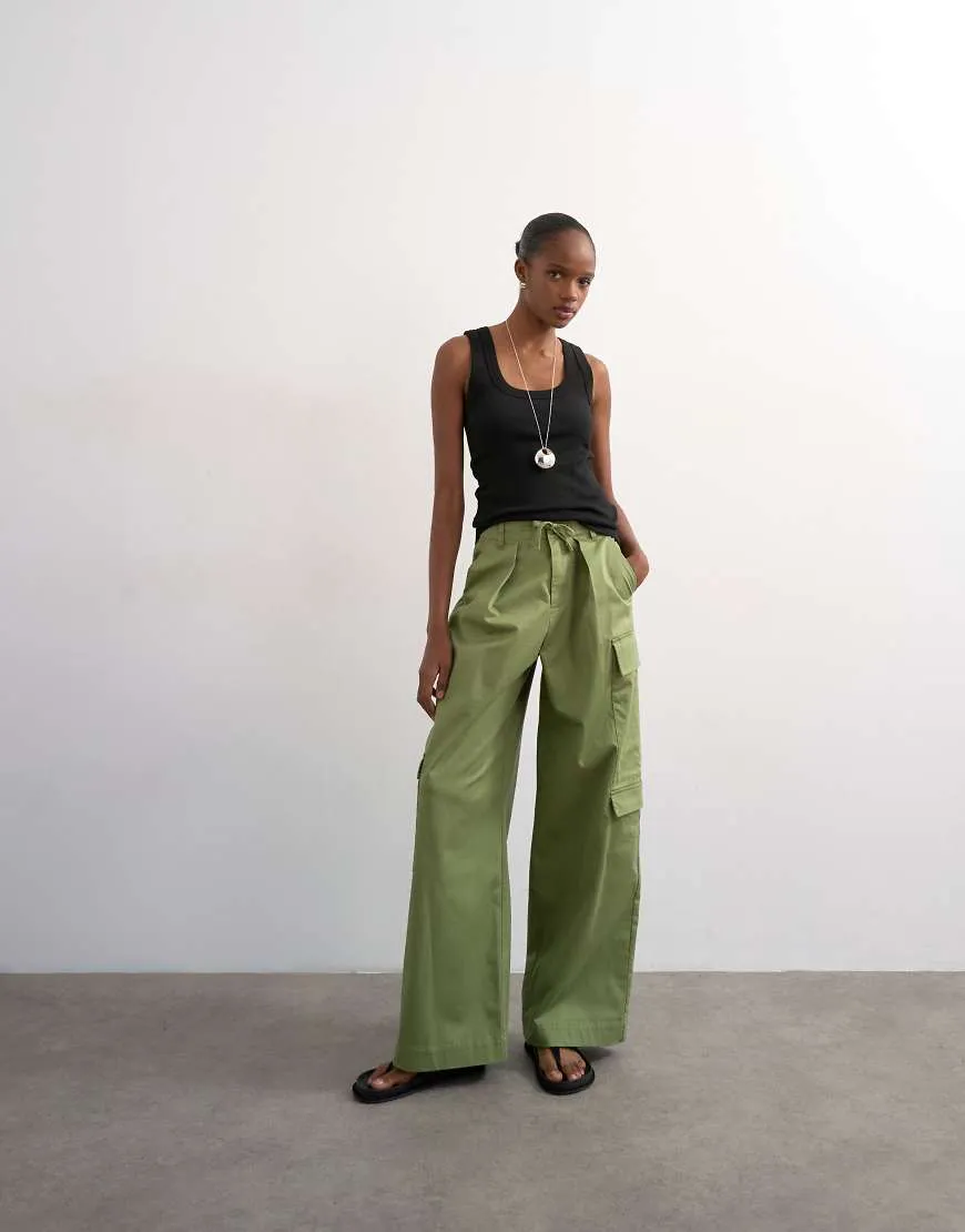 Topshop clean A line wide leg cargo with tie waist in khaki-Green sold by ASOS