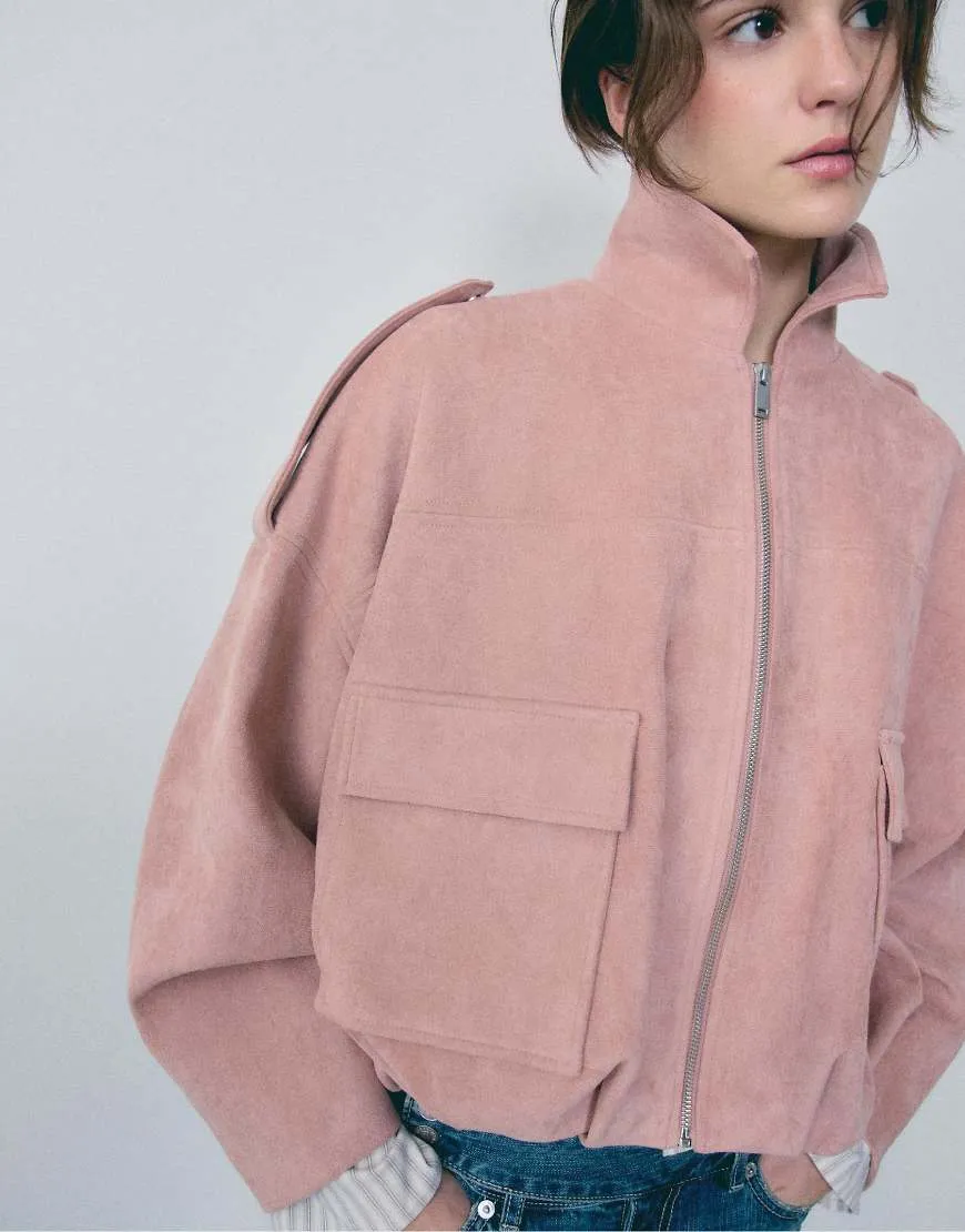 Stradivarius Faux suede bomber jacket in pastel pink sold by ASOS