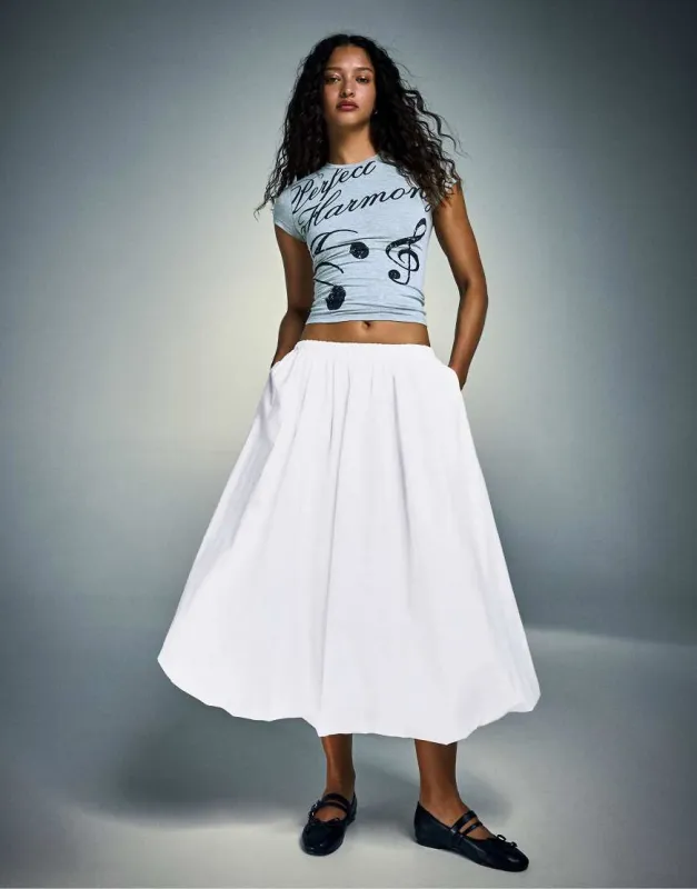 Bershka Balloon midi skirt in white made by ASOS