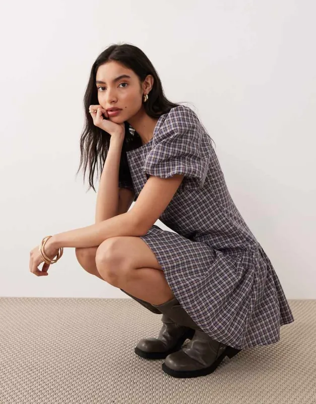 Glamorous drop waist puff sleeve mini dress in navy burgundy check-Multi made by ASOS