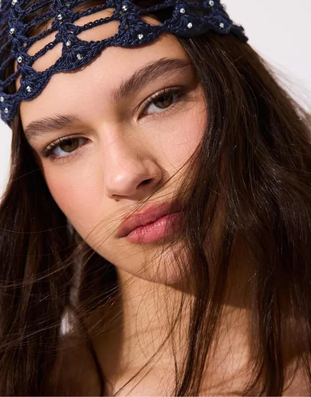 Stradivarius Crochet cap with rhinestones in navy blue made by ASOS