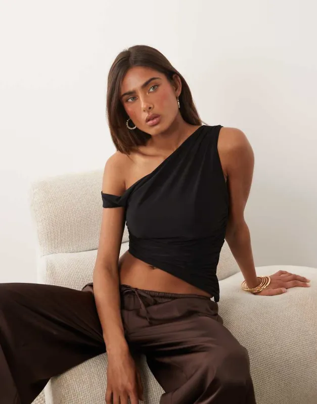 Missyempire double sculpted slinky asymmetric off shoulder top in black made by ASOS