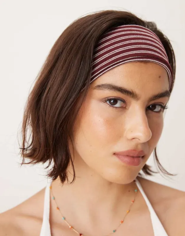 ASOS DESIGN striped jersey headband in burgundy and cream-Red made by ASOS
