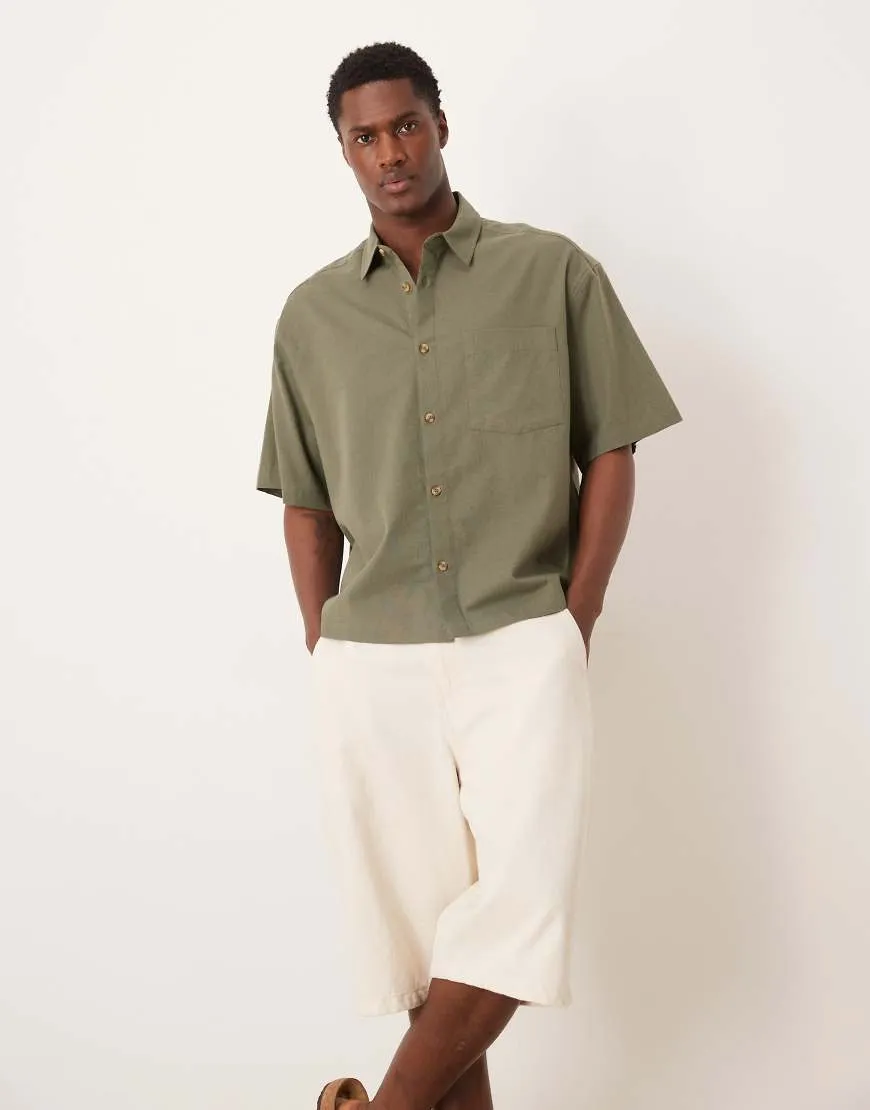 ASOS DESIGN boxy oversized shirt with linen in khaki-Green sold by ASOS