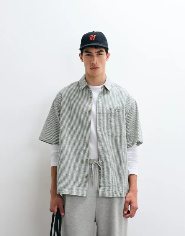ASOS DESIGN oversized seersucker stripe shirt in green made by ASOS