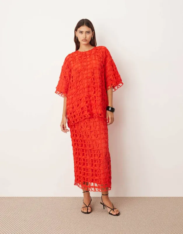 ARRANGE floral cutwork column midi skirt co-ord in red made by ASOS