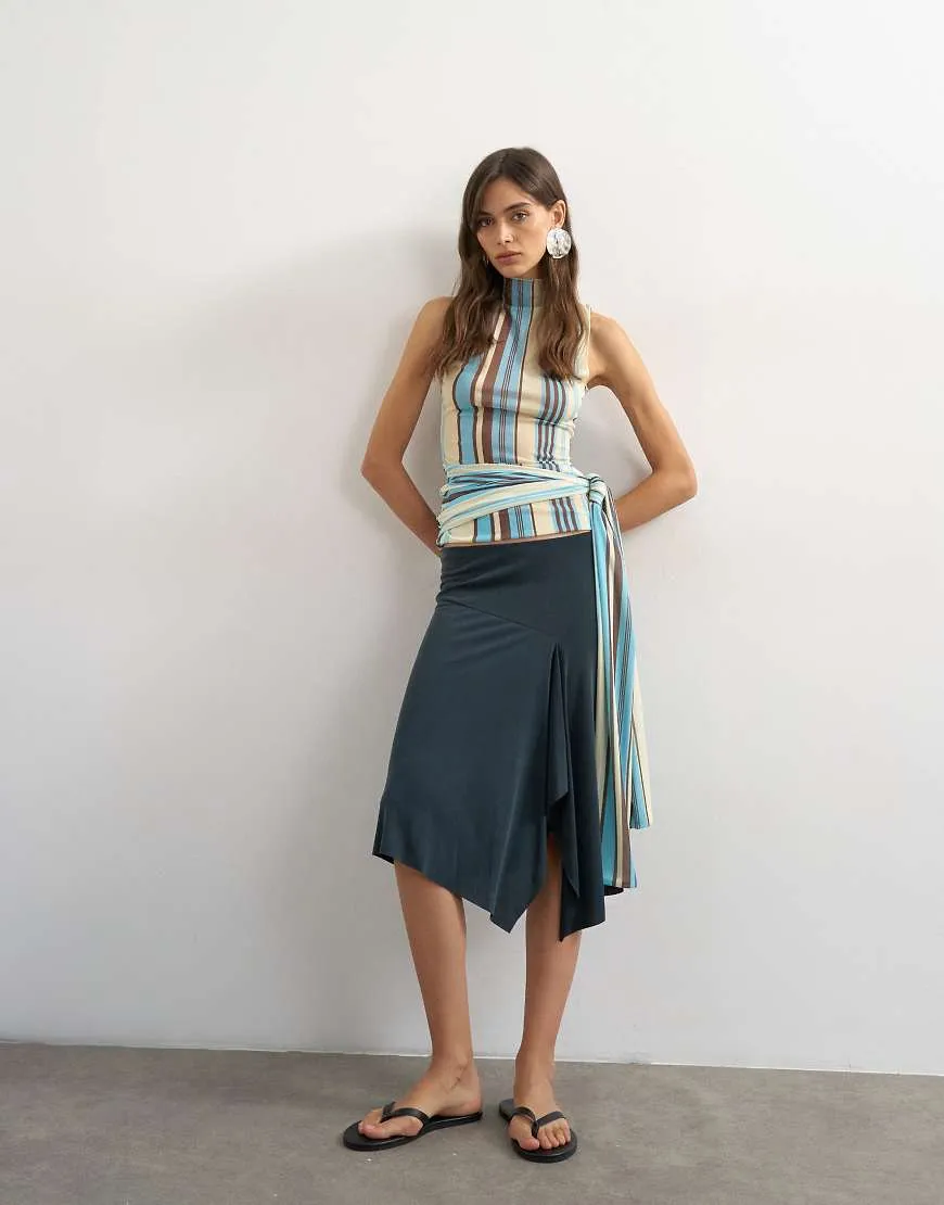 Topshop cupro asymmetric skirt in slate-Black sold by ASOS
