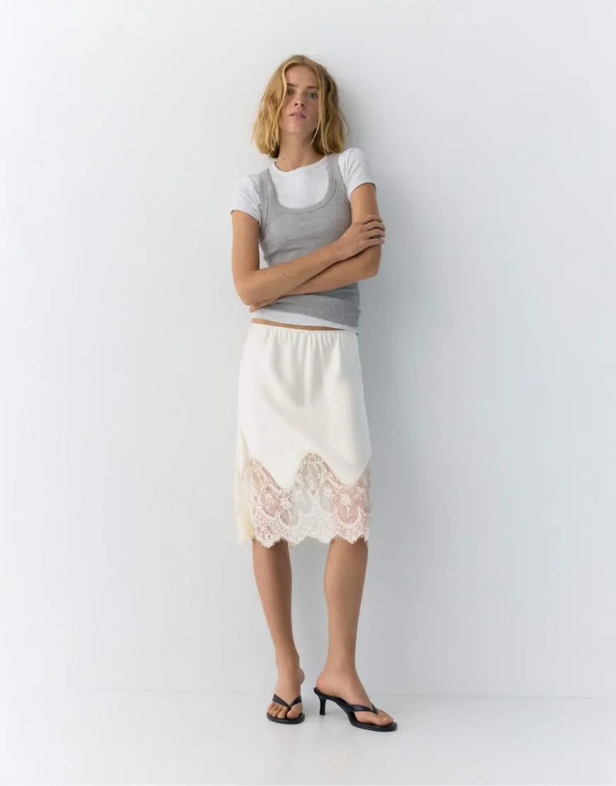 Pull&Bear Lingerie detail midi skirt in beige-Neutral sold by ASOS