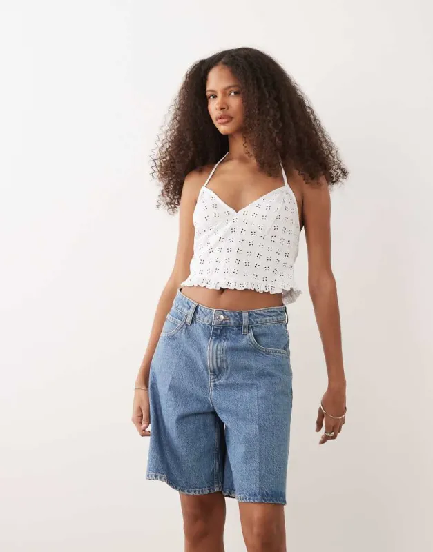 Mango 100% cotton denim bermuda shorts in mid blue made by ASOS