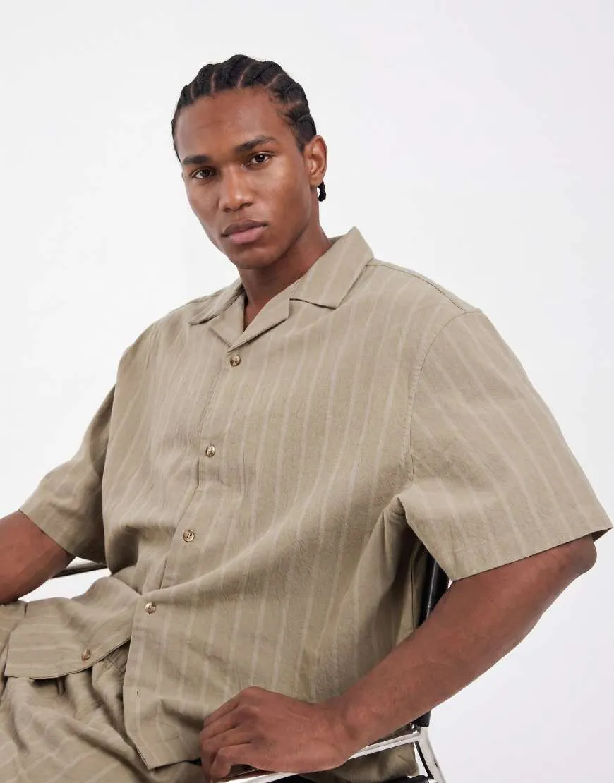 ASOS DESIGN co-ord boxy oversized linen look stripe shirt in khaki-Green sold by ASOS