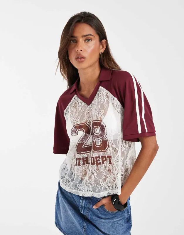 ASOS DESIGN boxy cropped lace football shirt in burgundy-Red made by ASOS