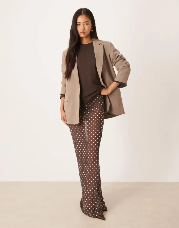 ASOS DESIGN mesh sheer maxi skirt in brown polka dot made by ASOS