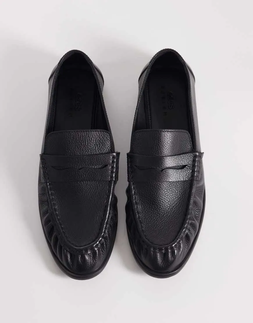 ASOS DESIGN penny loafer with ruching in black leather sold by ASOS