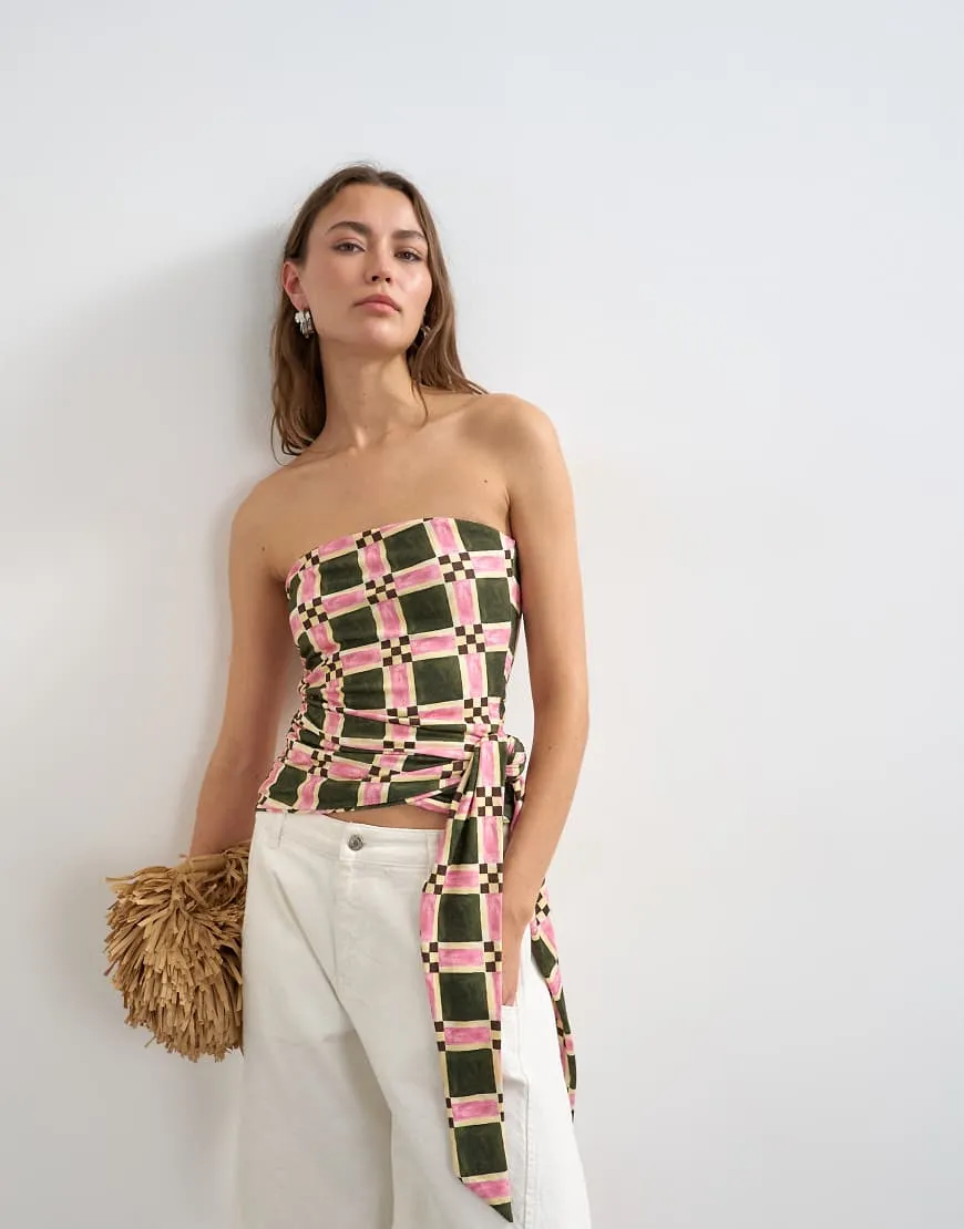 Topshop check print tie detail bandeau top in green-Multi sold by ASOS