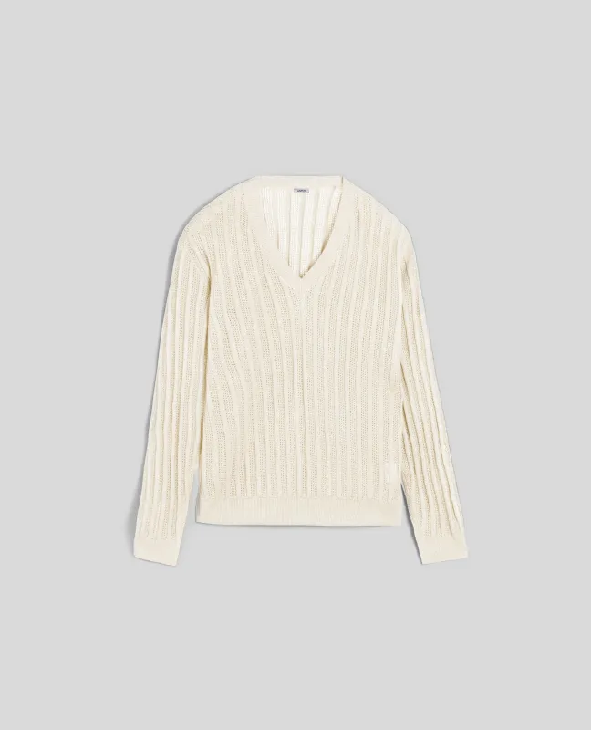 MAGLIA IN LINO E COTONE CON SCOLLO A V - NATURALE sold by Aspesi