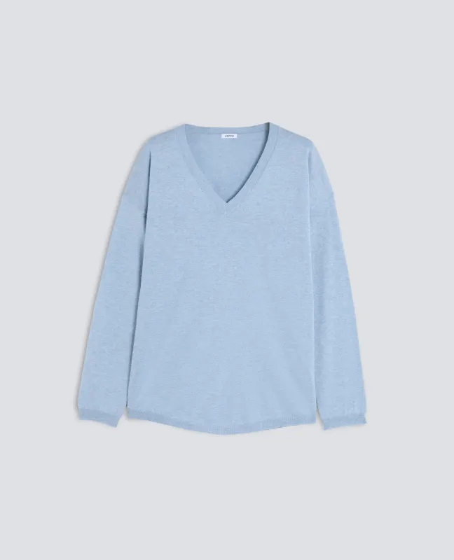 MAGLIA IN MISTO COTONE, LANA E CASHMERE CON SCOLLO A V - AZZURRO sold by Aspesi