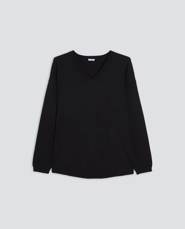 MAGLIA IN MISTO COTONE, LANA E CASHMERE CON SCOLLO A V - NERO sold by Aspesi