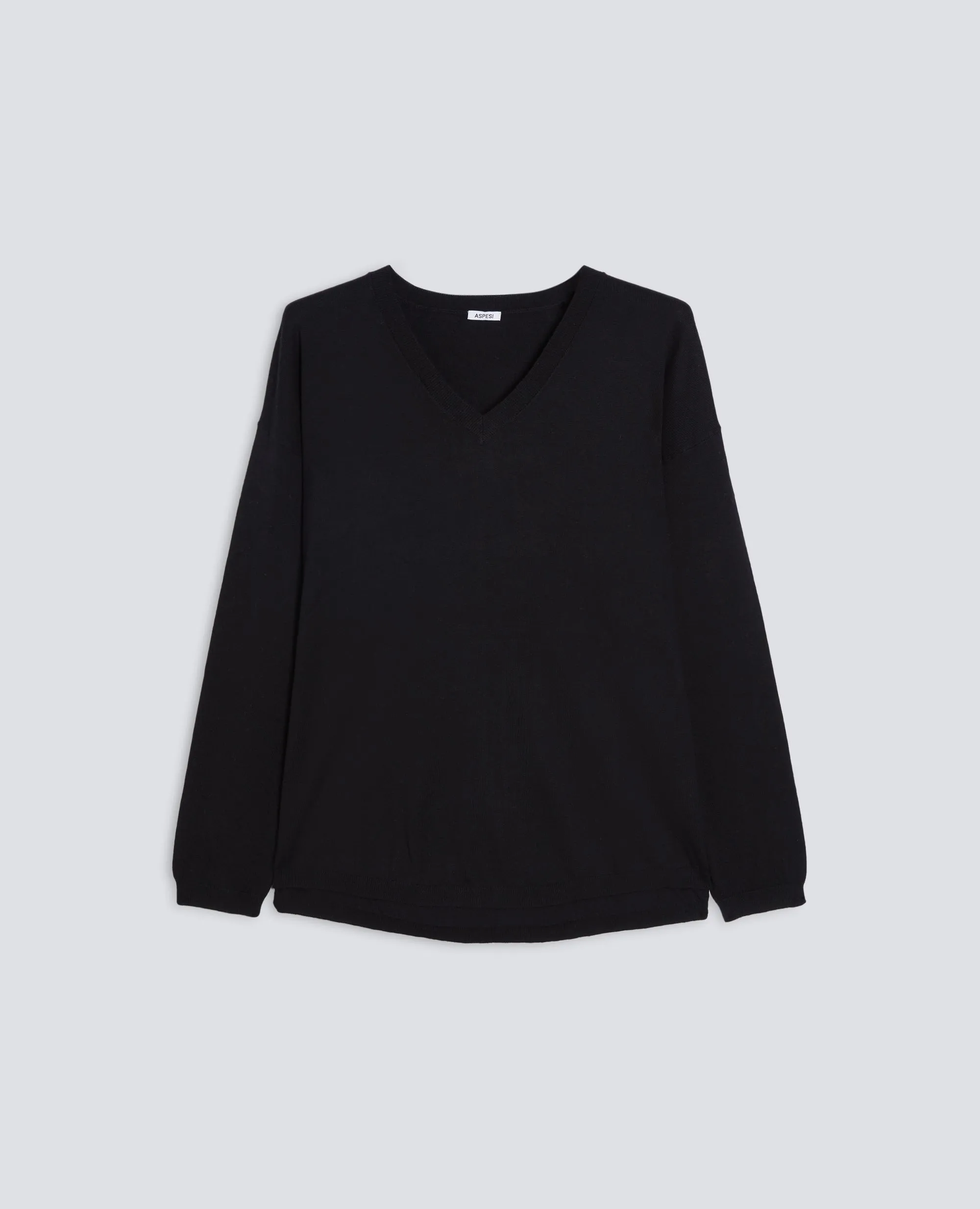 MAGLIA IN MISTO COTONE, LANA E CASHMERE CON SCOLLO A V - NERO sold by Aspesi