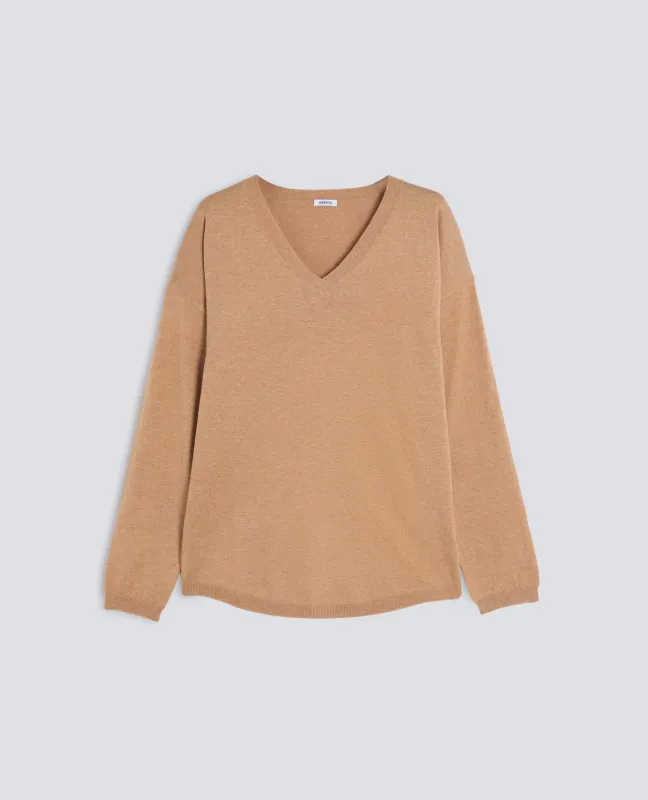 MAGLIA IN MISTO COTONE, LANA E CASHMERE CON SCOLLO A V - BEIGE sold by Aspesi
