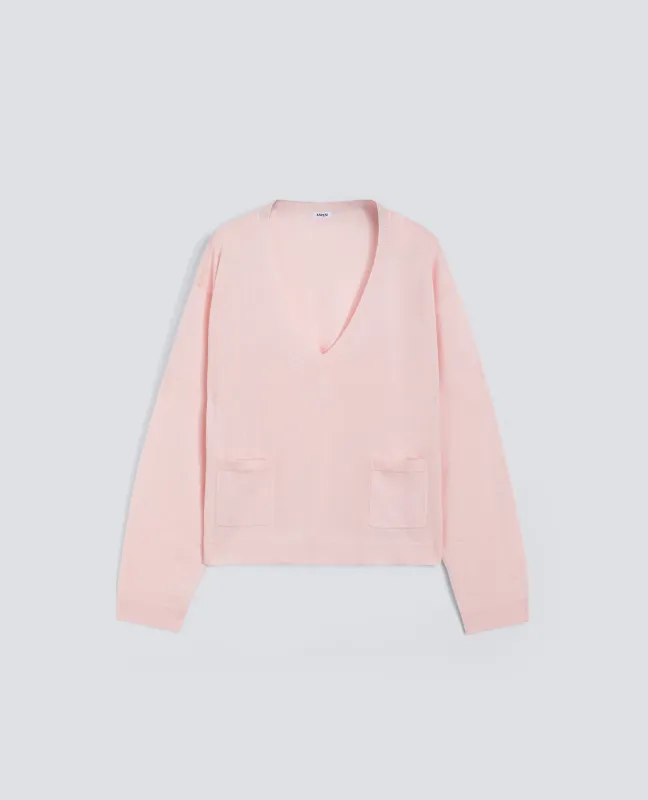 MAGLIA A MANICHE LUNGHE CON SCOLLO A "V" IN FILATO DI SETA, COTONE E CASHMERE - ROSA sold by Aspesi