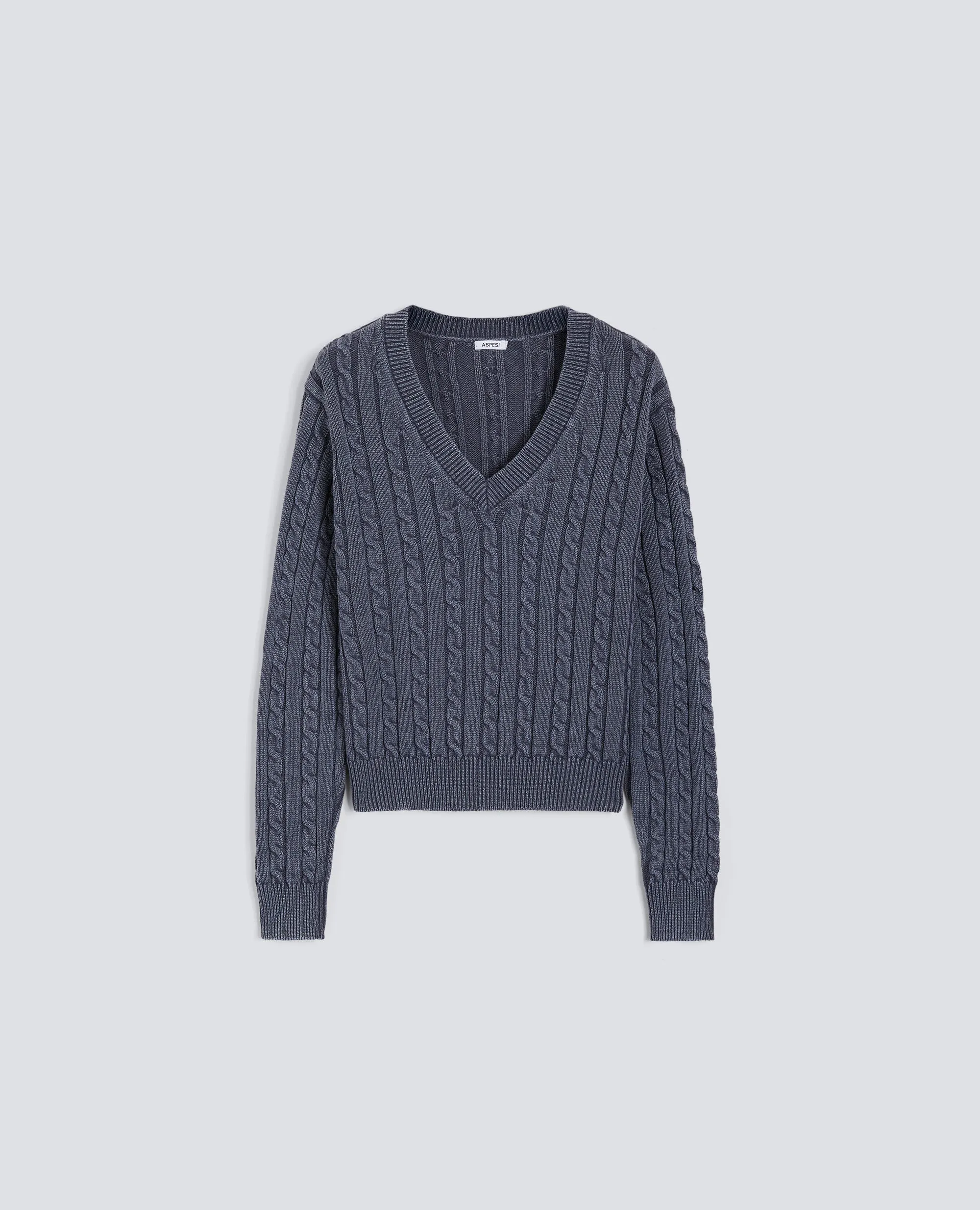 MAGLIA CON TRECCE IN COTONE STONE WASHED - BLU sold by Aspesi