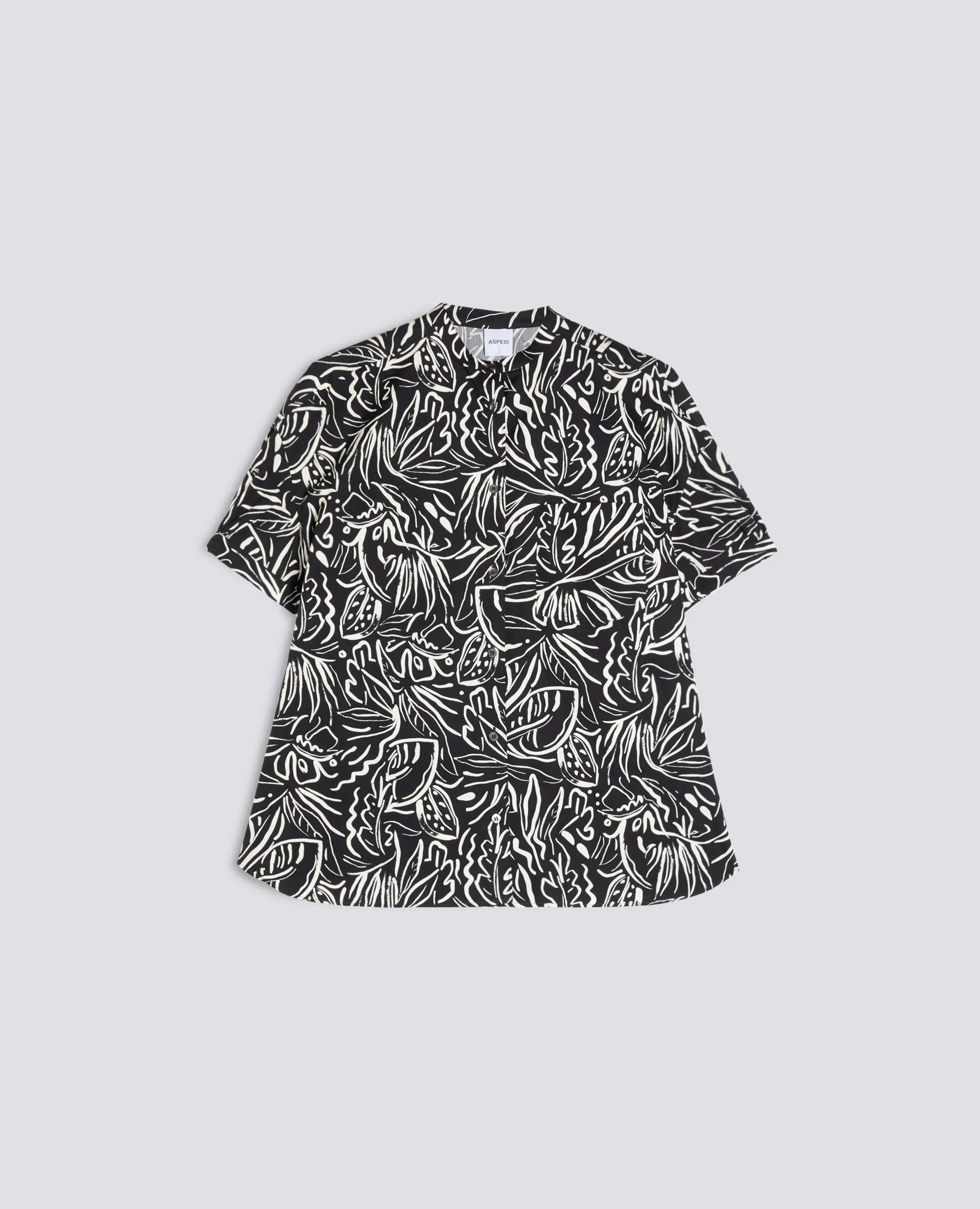 CAMICIA IN POPELINE DI COTONE CON COLLO ALLA COREANA - STAMPA NERA sold by Aspesi