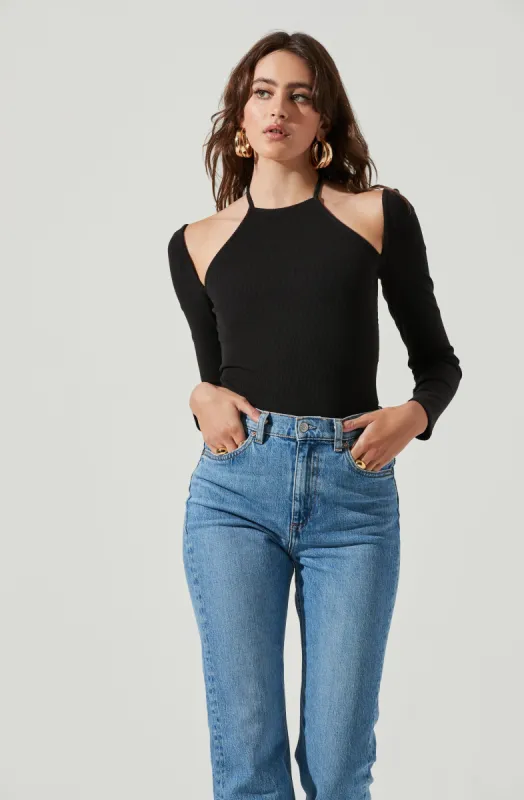 Solene Shoulder Cutout Halter Long Sleeve Bodysuit sold by Astr