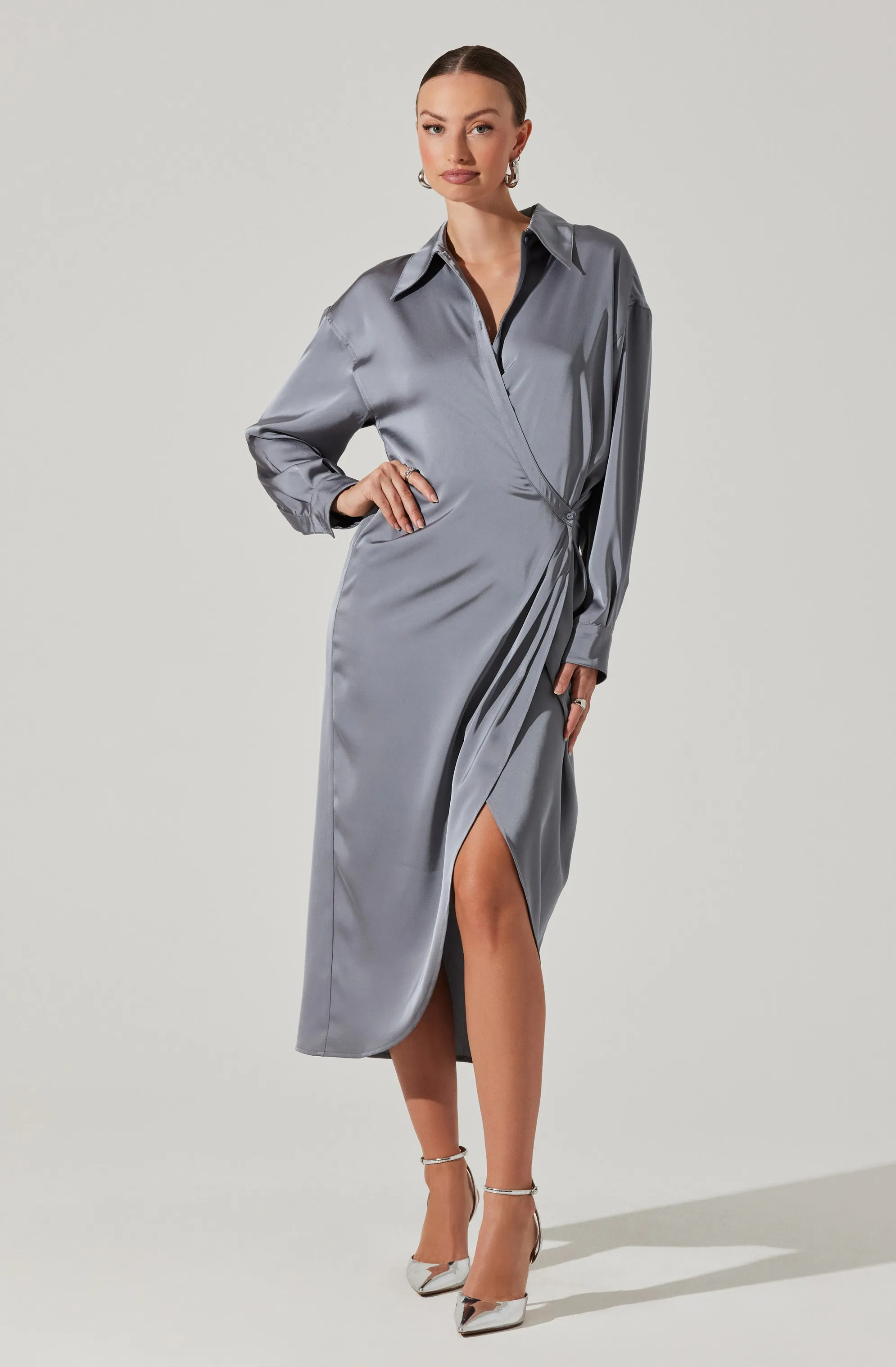 Ira Satin Wrap Shirt Dress sold by Astr product image thumbnail 3