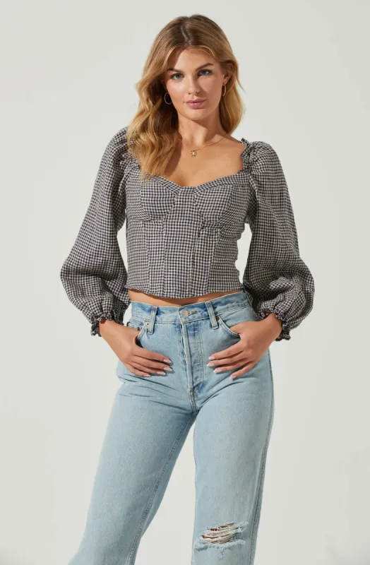 Cardiff Gingham Sweetheart Neck Long Sleeve Top sold by Astr